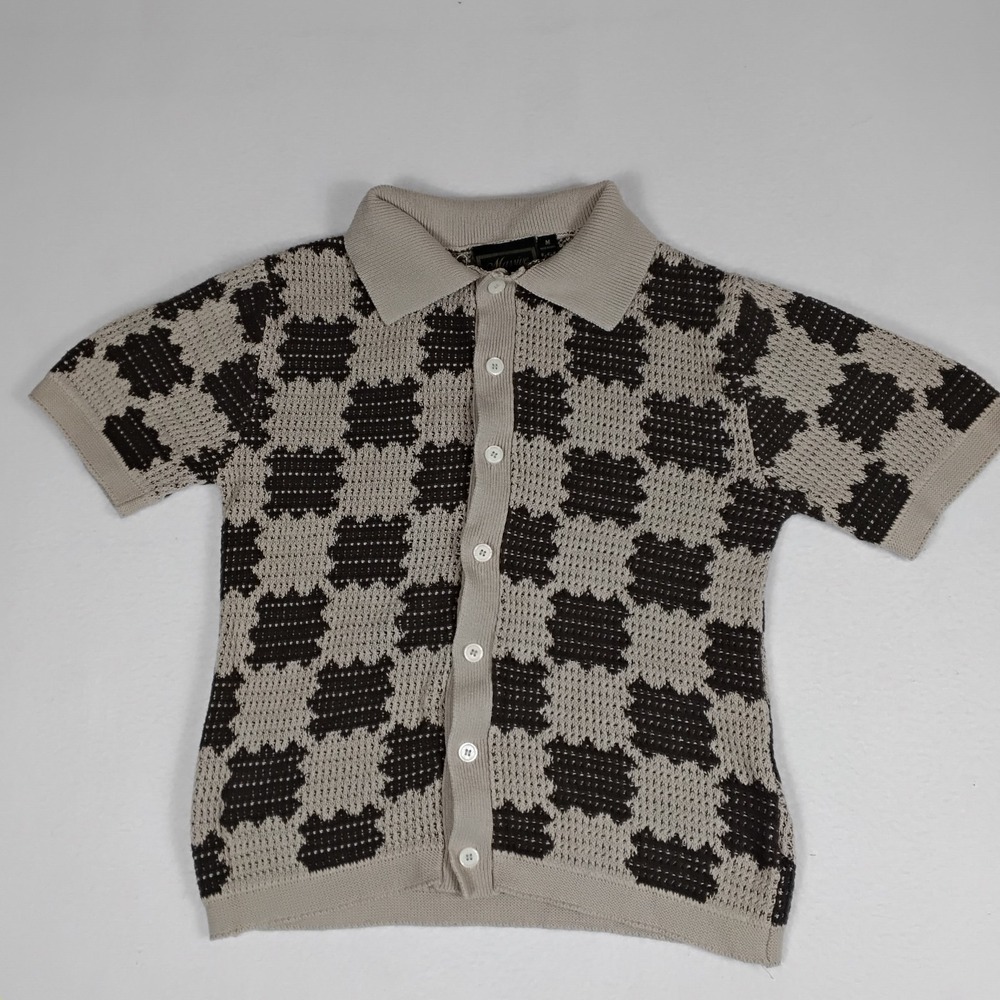 Massive Luxury Edition Mens M Knit Polo Brown Beige Geometric Button Shirt Retro